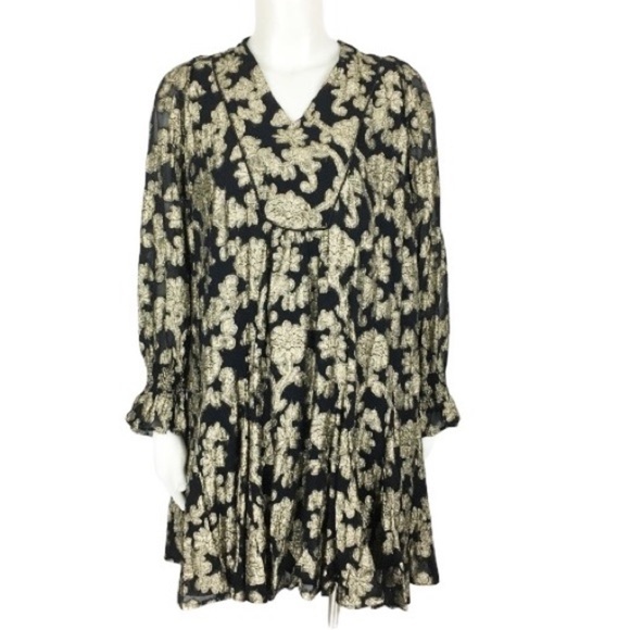 Anthropologie Tiered Swing Dress in Black & Metallic Gold NWT Size Small - Picture 1 of 7